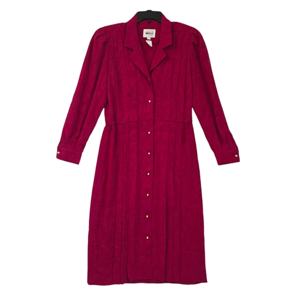 Vintage Leslie Fay Petite Dress 10 Red Fuchsia Pleat Button Down Long Sleeve - Picture 9 of 9